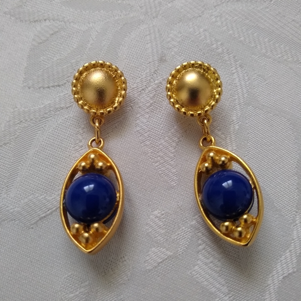 Egyptian Blue stone teardrop goldtone drop earrings